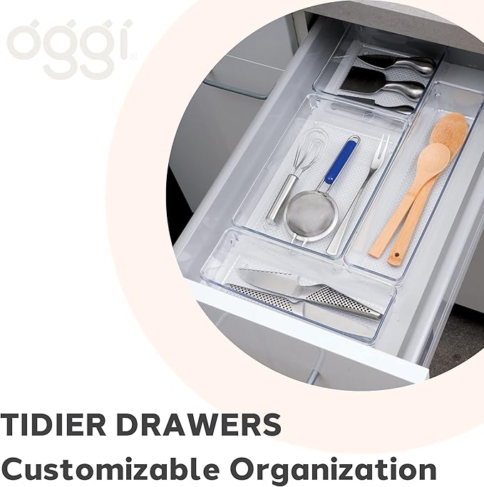 Oggi Clear Drawer Organizer - 6" X 6.25"- Ideal for Organizing Kitchen Drawers, Office, Desk, Silverware, Kitchen Utensils, Cosmetics and Bathrooms