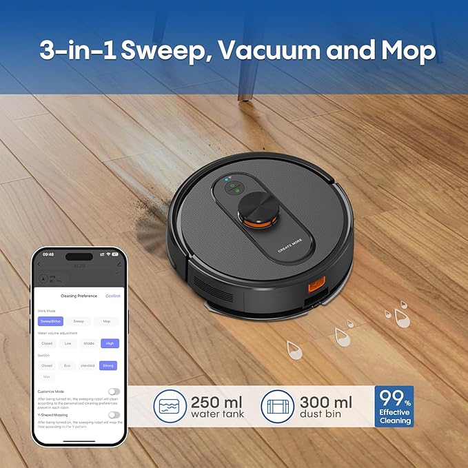 Robot Vacuum and Mop with LiDAR Navigation, 5000Pa Robotic Vacuums with Mapping, No-Go Zones, Self-Recharging, Wi-Fi/App/Alexa Control, Ideal for Pet, Hard Floors, Carpet