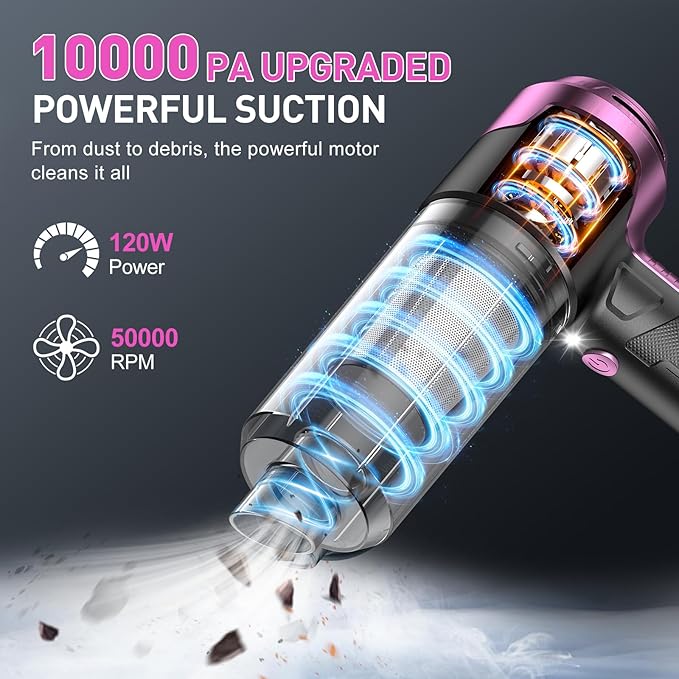 KMM Handheld Car Vacuum Cleaner, 10000PA Vacuum Cleaner & Air Duster, 120W High Power Vacuum Portable Cordless, Hand Held Vacuum Rechargeable with Multi-Nozzles & LED Light for Home, Car, Office
