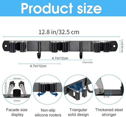 Huryfox Heavy-Duty Stainless Steel Broom Holder, Black, Wall Mount, 1-4 cm Diameter Compatible, Adjustable, 3 Racks, 2 Hooks, Space-Saving