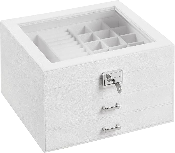 SONGMICS Jewelry Box, Lockable Jewelry Storage Organizer, Jewelry Case with Glass Window, for Rings, Earrings, Studs, Bracelets, Necklaces, White UJBC158W01