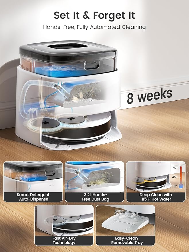 Lefant LiDAR Robot Vacuum and Mop, 12000Pa Suction, 90-Day Self-Emptying, Obstacle Avoidance, Auto Mop Washing&Drying, All-in-One for Pet Hair Carpet, 5G WiFi Alexa/APP/iWatch Control, M3