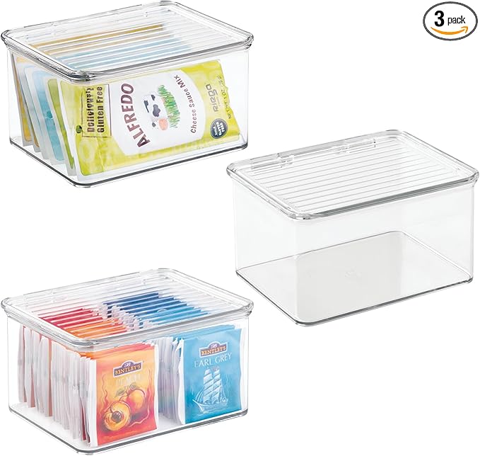 iDesign Plastic Stackable Hinged-Lid Pantry or Kitchen Storage Box - Set of 3 - Clear