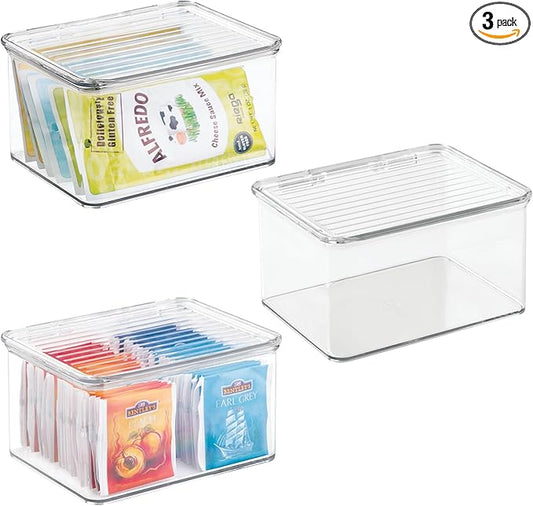 iDesign Plastic Stackable Hinged-Lid Pantry or Kitchen Storage Box - Set of 3 - Clear