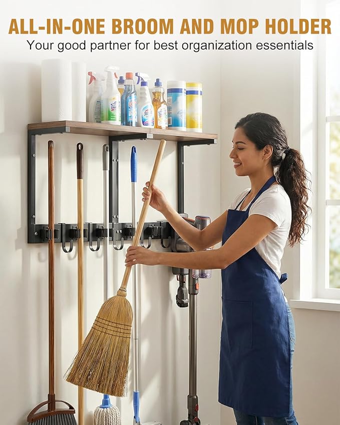 Broom Holder Wall Mount with Top Wooden Shelf, Heavy Duty Metal Cleaning Supplies Broom Hanger with Vacuum Organizer and 5 Slots & 5 Hooks for Laundry Garage Tool Storage Kitchen (Large)