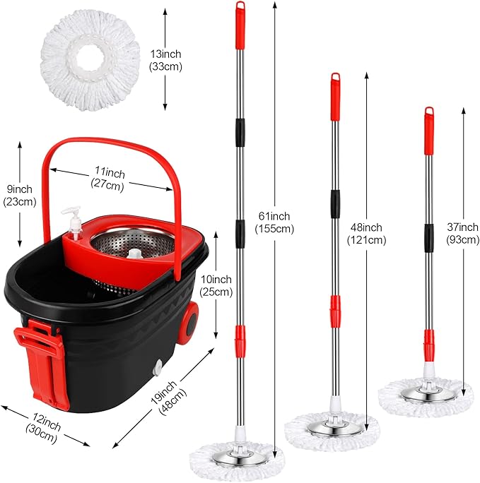 Mop Bucket Set, 360 Spin Stainless Steel Spin Mop Bucket System with 3 Mop Heads, for Floor Cleaning