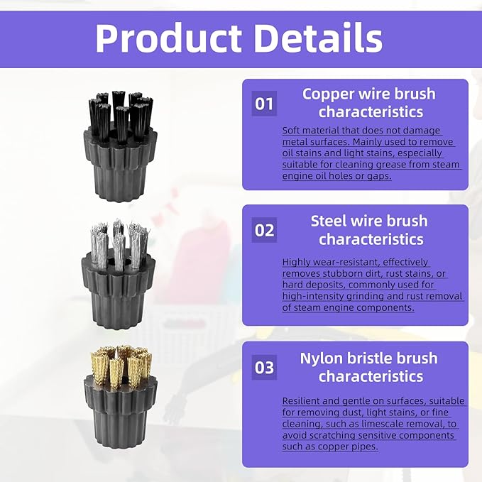 30Pcs Steam Cleaner Brush Head Attachments, M8 Steamer Mop Small Brushes Heads Replacement Accessories (Brass/Stainless Steel/Nylon Brushes)