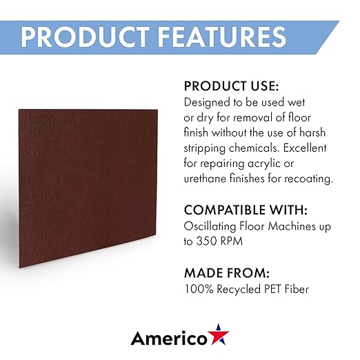 Americo EcoPrep Chemical-Free Floor Finish Remover Pad, 14"x28", Machine Floor Pads for Stripping or Deep Scrubbing, 10 Pads/Case, Maroon