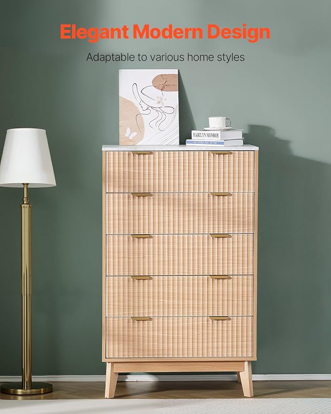 VEVOR 5 Drawer 48" Tall Fluted Bedroom Dresser, Modern Chest of Drawers with Gold Metal Handles, Faux Marble Top, Wood Dresser Closet Storage Organizer for Living Room, Hallway, Entryway, Natural Oak