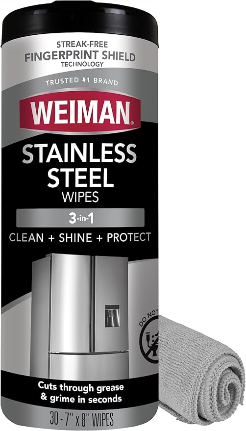 Weiman Stainless Steel Wipes (Large Microfiber Cloth) Removes Fingerprints Residue Water Marks and Grease from Appliances - Works Great on Refrigerators Dishwashers Ovens Grills - Packaging May Vary