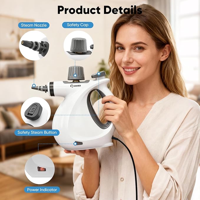 Saker Handheld Steam Cleaner New,Portable Steam Cleaner for Home,1050W Steam Cleaner,4 Fiber Cloths for Quick Heating & Deep Cleaning of Floors, Cars, and Kitchen