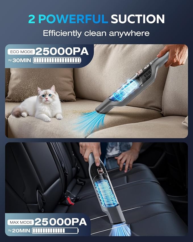 Zefiro Compact Powerful Cordless Handheld Vacuum, Rechargeable Portable Car Vacuum for Car & Pet Hair, XL Dust Cup, 25Kpa High Suction, Long Runtime, 2 Brushes, 2 Filters