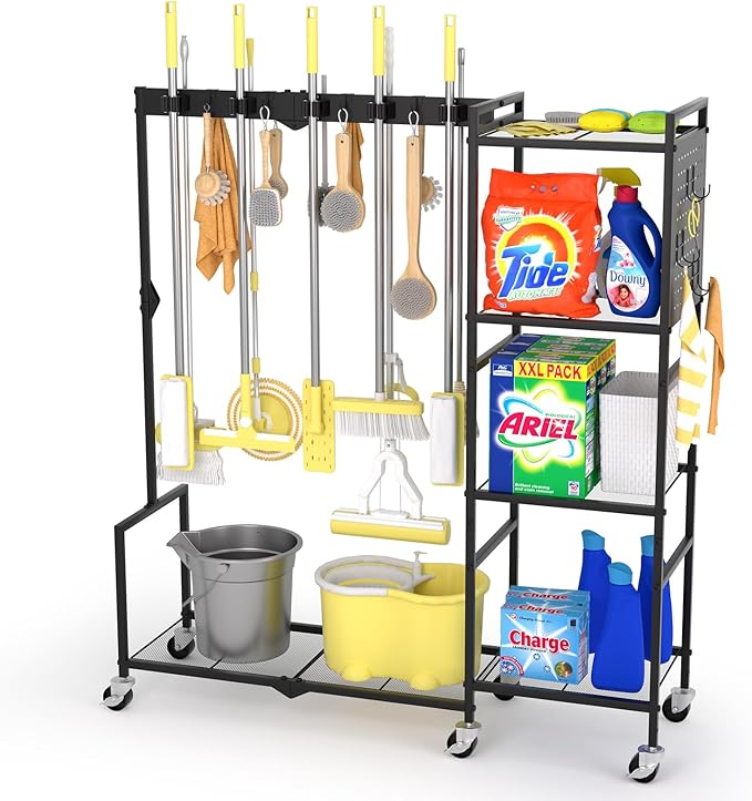 46" H Broom Holder with Cleaning Supplies Organizer, Mop Rack Storage with 4-Tier Shelves, 10 Gripper Clips, 4 Double-Hooks, 3 Hooks, Metal Utility Carts on Wheels for Home Essentials, Black