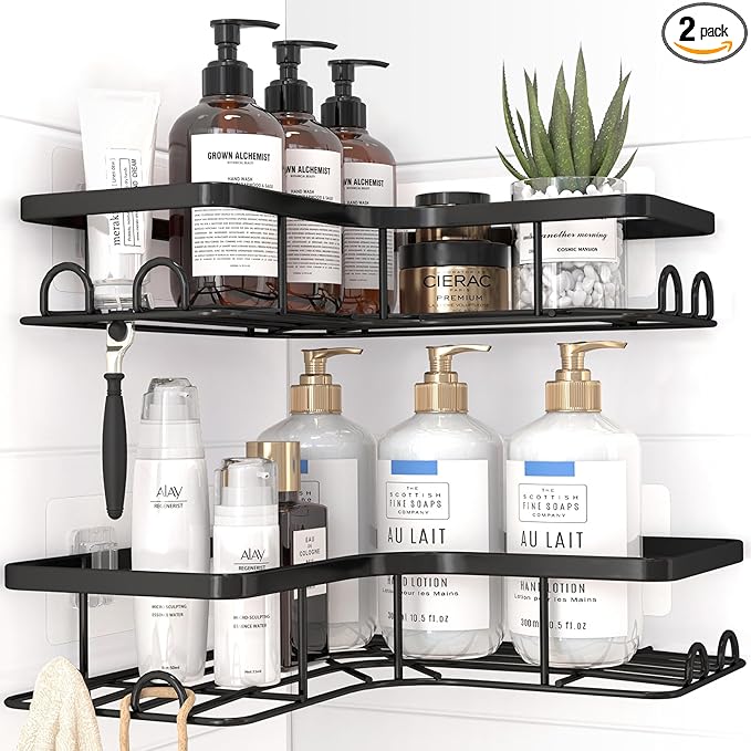Corner Shower Caddy - 2 Pack, Adhesive Shower Organizers, Rustproof Stainless Steel Shower Shelves with 8 Hooks, No Drilling Bathroom Organizers and Storage Racks, Space-Saving, Black, Large