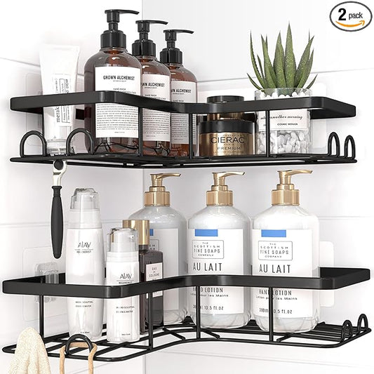 Corner Shower Caddy - 2 Pack, Adhesive Shower Organizers, Rustproof Stainless Steel Shower Shelves with 8 Hooks, No Drilling Bathroom Organizers and Storage Racks, Space-Saving, Black, Large