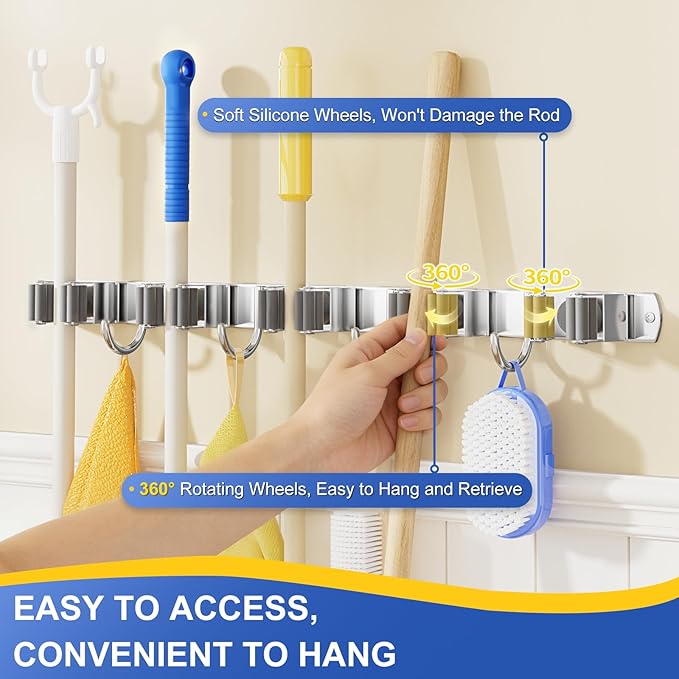 Mop Broom Holder Wall Mount Mop and Broom Holder with 5 Racks and 4 Hooks, Heavy Duty Broom Hanger Tool Storage Oragnizer Rack for Home, Garage, Garden and Laundry Room, Sliver
