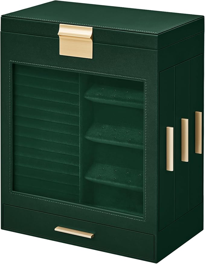 SONGMICS Jewelry Box with Glass Window, 5-Layer Jewelry Organizer with 3 Side Drawers, Jewelry Storage, with Big Mirror, Modern, 6.1 x 10.3 x 12.6 Inches, Forest Green and Metallic Gold UJBC162C01