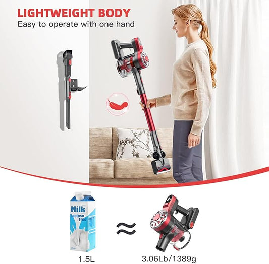 Cordless Vacuum Cleaner for Home, Lightweight Stick Vacuum Cordless Rechargeable with Power Suction, Up to 35 Mins Runtime, Hardwood Floor Vacuum for Pet Hair, Carpets, Tile(Red)