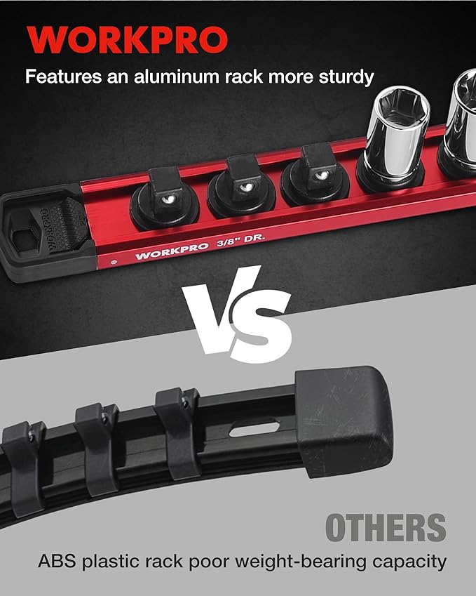 WORKPRO Magnetic Socket Organizer, 3/8" Drive Aluminum Alloy Socket Holder with 10PC Removable Socket Clips for Quick Customization, Socket Rail for Tool Box Drawer (Sockets Not Included)