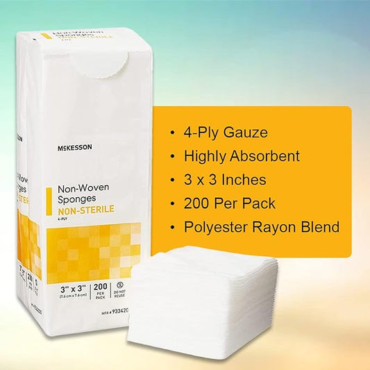 McKesson Non-Woven Sponges, Non-Sterile, 4-Ply, Polyester/Rayon, 3 in x 3 in, 200 per Pack, 1 Pack
