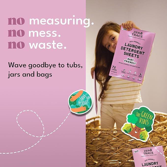 Zero Trace All Natural Baby Laundry Detergent Sheets - Powerful Eco-Friendly Travel Laundry Strips for Sensitive Skin (144 Loads 72 Sheets)
