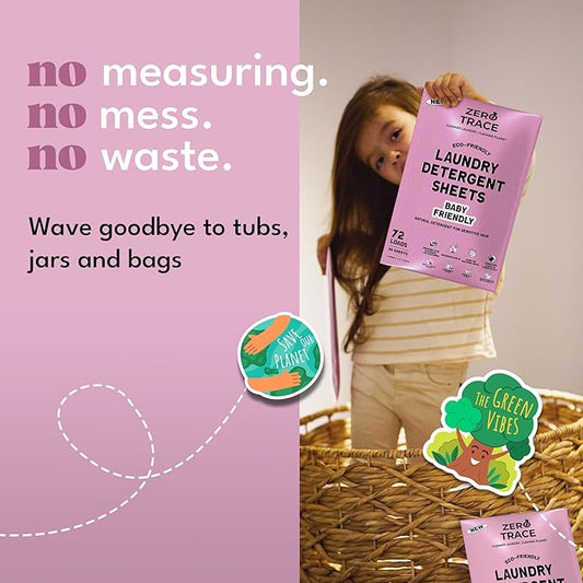 Zero Trace All Natural Baby Laundry Detergent Sheets - Powerful Eco-Friendly Travel Laundry Strips for Sensitive Skin (144 Loads 72 Sheets)