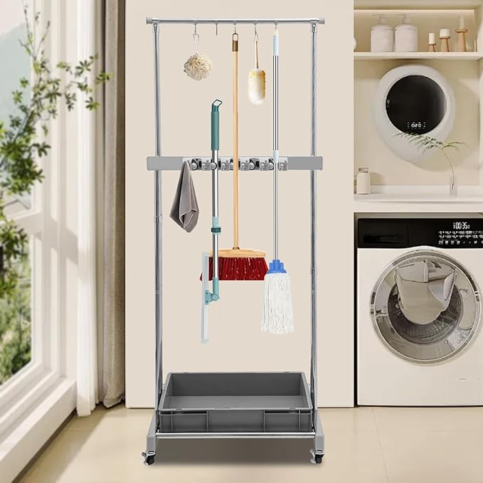 Garden Tool Organizer, 10 Slots with Hooks, Movable Floor-Mounted Mop Rack Floor Standing Cleaning Tool Cart Storage for Garage Organization and Storage, Hold Long-Handled Tool/Rake/Broom (Style 3)