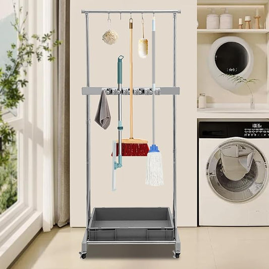 Garden Tool Organizer, 10 Slots with Hooks, Movable Floor-Mounted Mop Rack Floor Standing Cleaning Tool Cart Storage for Garage Organization and Storage, Hold Long-Handled Tool/Rake/Broom (Style 3)