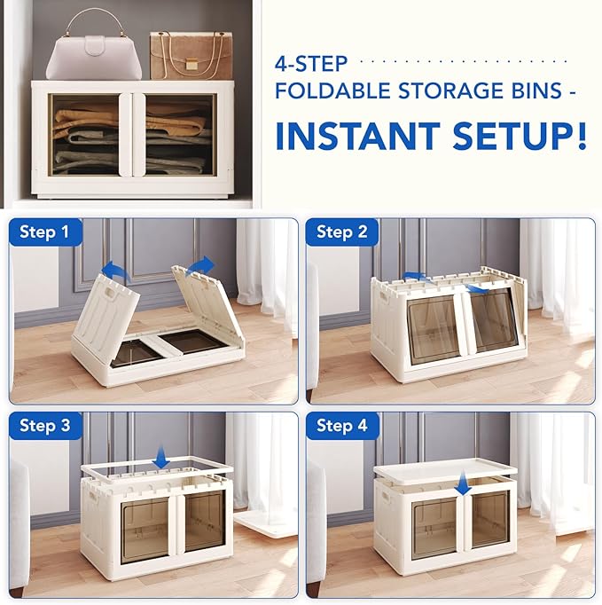 FLEXIMOUNTS 228 QT Stackable Storage Bins With Lids, Collapsible Plastic Storage Bins With Doors and Built-in Wheels For Home Dorm Closet Organizers and Storage, 3 Pack Cubes, Milky White