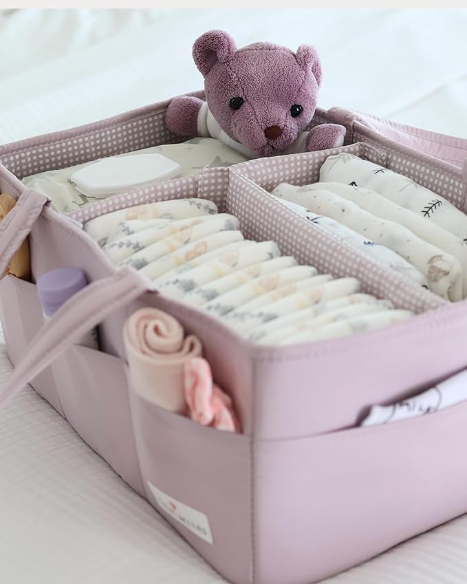 Lily Miles Baby Diaper Caddy Organizer, Wipeable Diaper Organizer Basket with 8 Pockets for Newborn Essentials, Baby Shower Gifts, Nursery Tote Bag for Changing Table or Car (Rosy Lilac, Large)