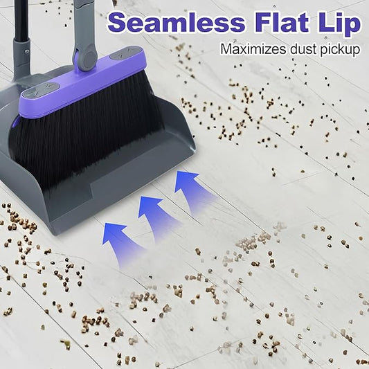Broom and Dustpan Set for Home, 54-inch Long Adjustable Handle Broom with Stand Up Dustpan, 180 Degree Rotating Broom Head & Comb Teeth - Indoor Sweeping Combo for Kitchen Lobby Floor Office (Purple)