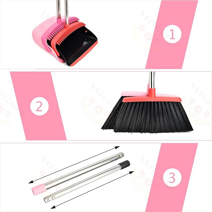Broom and Dustpan Set, Dustpans with Broom Combo for Home, Heavy Dust Broom and Dustpan Combo, Long Handle Dust Pan and Broom Set for Kitchen, Office, Pet Hair,Pink, Pack of 1