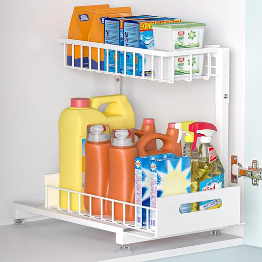 Pro Under Sink Organizer Storage: Premium Metal 2-Tier Pull-Out Wire Basket Organizer, L Shape Height Adjustable, Easy Installation | Kitchen & Bathroom Cabinet Organizers Pack 1 White