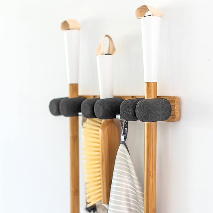 Full Circle Get A Grip, Wall-Mounted Mop and Broom Organizer, Lightweight Bamboo with Foam Pegs, Easy to Install Home Organization, Also Perfect for Garden Tools and Garage, Small
