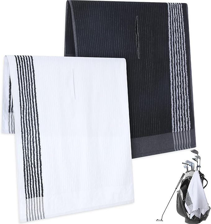 Vabean 2 Pcs 22 x 44 Large Golf Towel Caddie Style Center Cut Caddy Hanging Fast Drying Golf Club Cotton and Polyester Blend Camping Towels(Black-White, Dark Gray-White)