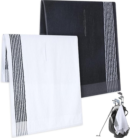 Vabean 2 Pcs 22 x 44 Large Golf Towel Caddie Style Center Cut Caddy Hanging Fast Drying Golf Club Cotton and Polyester Blend Camping Towels(Black-White, Dark Gray-White)