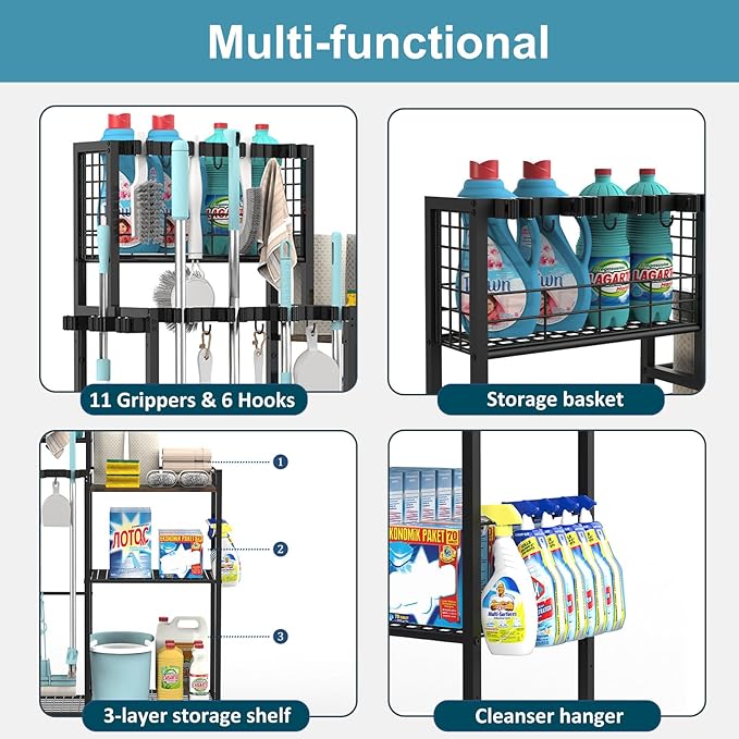 Broom Holder with Cleaning Supplies Organizer, Cleaning Cart with Broom Hanger, Broom and Mop Holder with Wheels,11 Mop Hanger Grippers & 6 Hooks, Broom Organizer for Laundry, Garage, Tool Room
