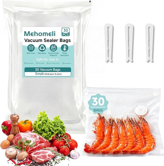 Reusable Vacuum Sealer Bags for Food – 30 BPA-Free Small (8.66in × 8.26in) Food Storage Bags, Freezer Microwave Safe, Odor-Resistant, Leak-Proof – Compatible with Handheld Vacuum Sealers | BPA Free Material