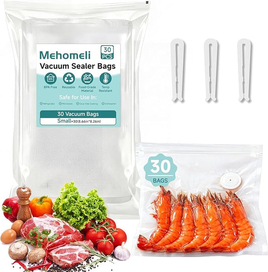 Reusable Vacuum Sealer Bags for Food – 30 BPA-Free Small (8.66in × 8.26in) Food Storage Bags, Freezer Microwave Safe, Odor-Resistant, Leak-Proof – Compatible with Handheld Vacuum Sealers | BPA Free Material