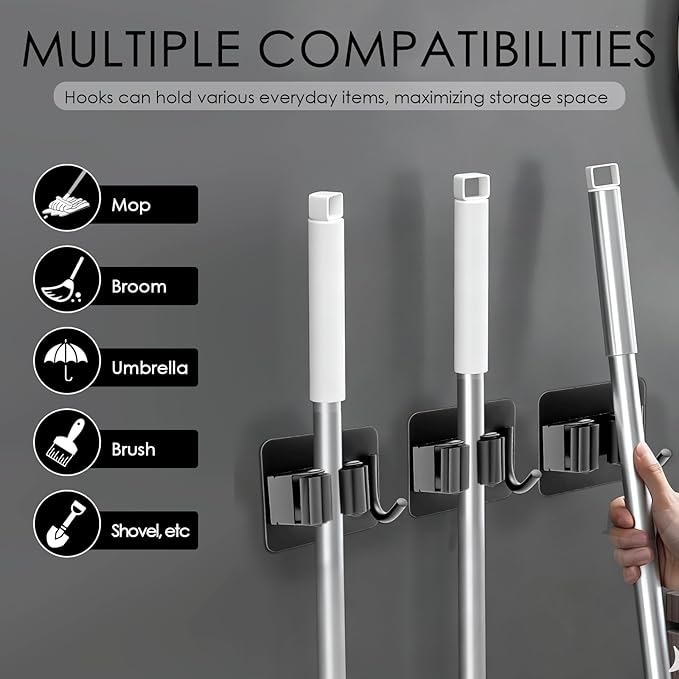 4 Pack Mop Broom Holder Wall Mounted, Stainless Steel Mop Broom Organizer with Hooks Hanger, No Drilling Self Adhesive Mop Handle Hanger for Kitchen Garage Office