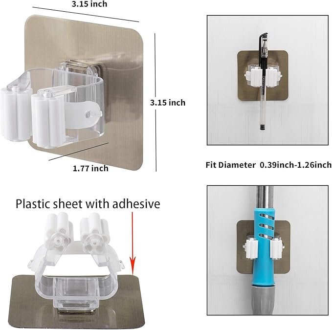 4PCS Mop Broom Holder, Wall Mounted Broom Clip Mop Grippers, Self-Adhesive No Drilling Mop Broom Racks, Super Anti-Slip Utility Hooks for Home, Bathroom, Kitchen, Garden, Garage