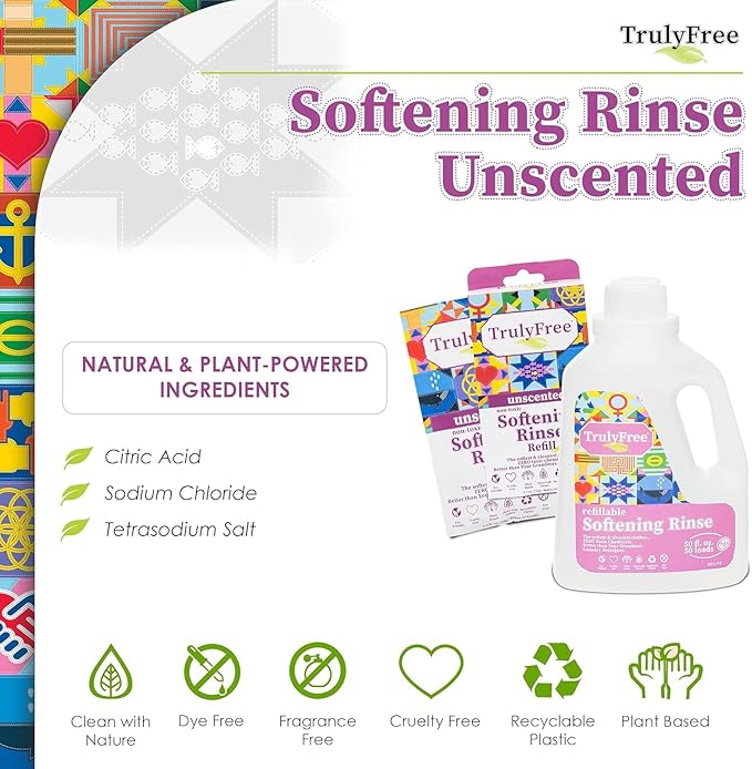 Truly Free Natural Fabric Softener | Plant-Based | Non-Toxic for Babies & Kids Sensitive Skin | Unscented Eco-Friendly Fabric Softener Conditioner | Safe, Gentle & Chemical-Free