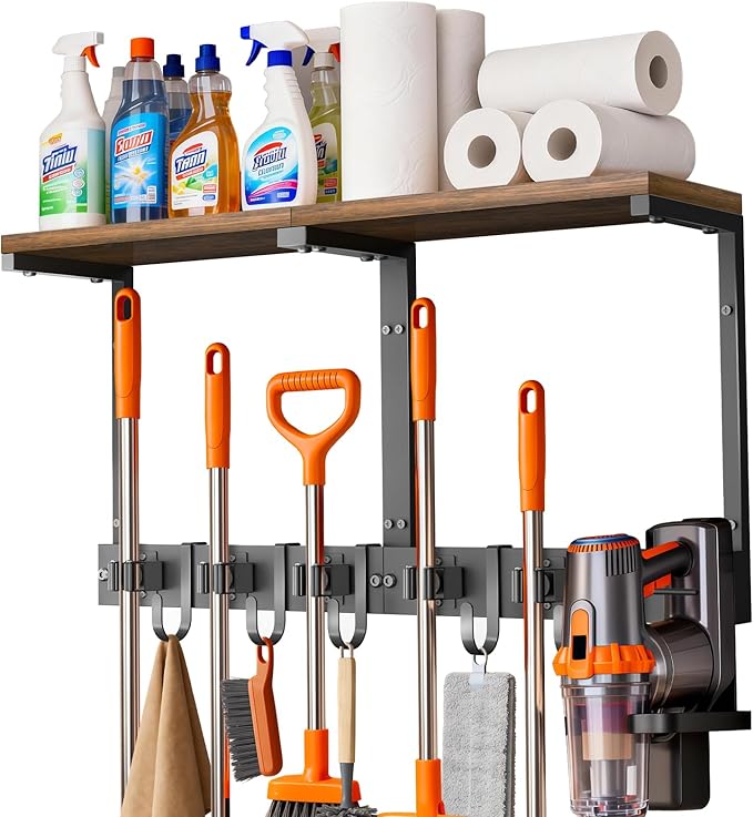 Broom Holder Wall Mount with Top Wooden Shelf, Heavy Duty Metal Cleaning Supplies Broom Hanger with Vacuum Organizer and 5 Slots & 5 Hooks for Laundry Garage Tool Storage Kitchen (Large)