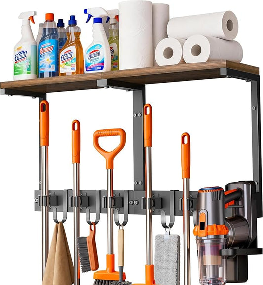 Broom Holder Wall Mount with Top Wooden Shelf, Heavy Duty Metal Cleaning Supplies Broom Hanger with Vacuum Organizer and 5 Slots & 5 Hooks for Laundry Garage Tool Storage Kitchen (Large)