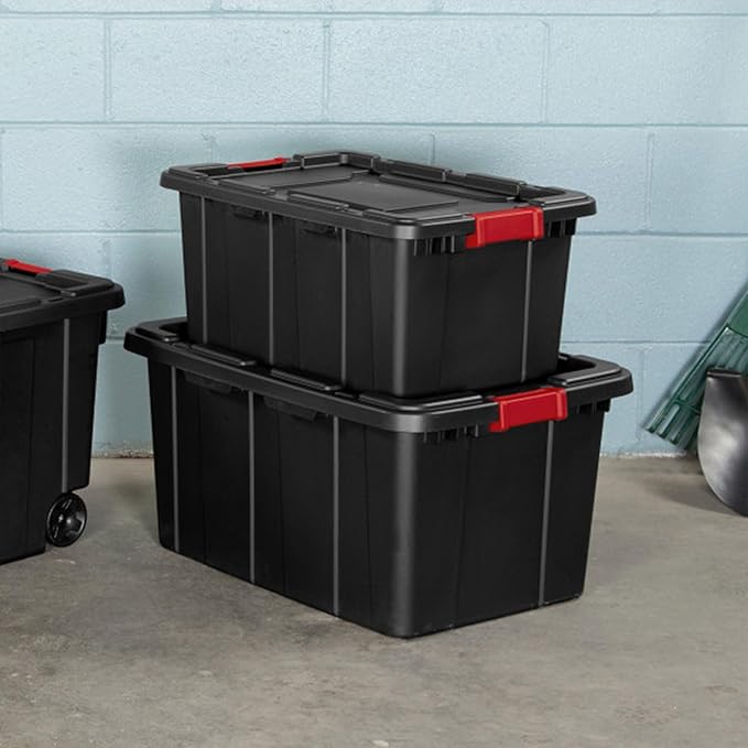 Sterilite 18-Pack Industrial Tote, Plastic Storage Bins with Lids, 15 Gallon, Black - Heavy-Duty Organizing Containers for Closet, Bathroom, and Office