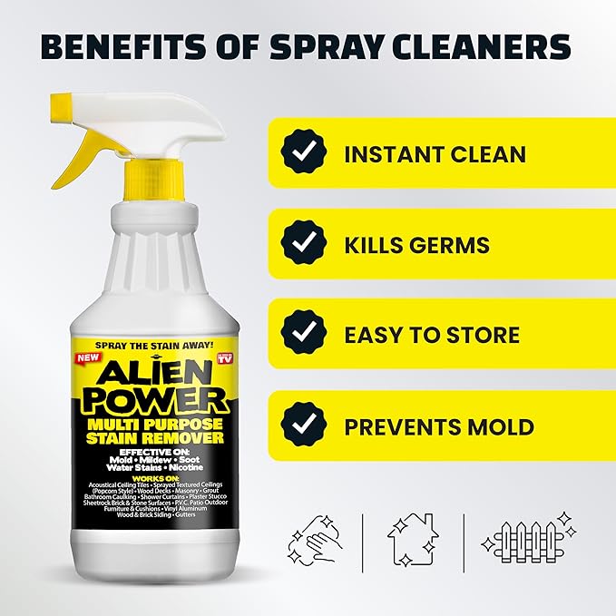 Alien Power Stain Remover Spray for Mold & Mildew, for Bathroom & Household Surfaces, All Purpose No-Scrub Cleaner for Tiles, Wall, Grout & Washing Machines - 3 Packet Set (Makes 72 Fl Oz)