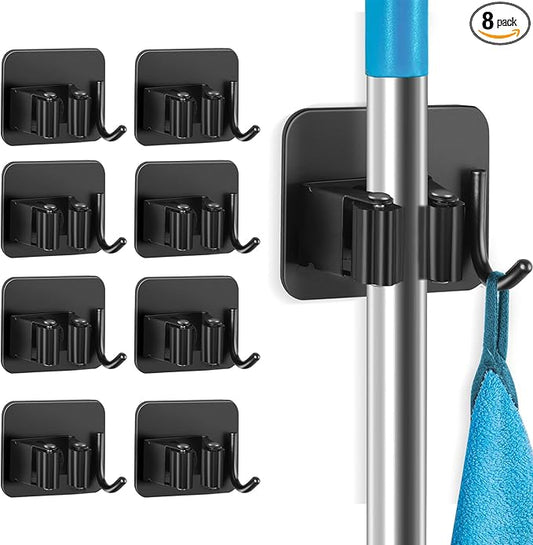 Broom and Mop Holder, Super Anti-Slip Wall Mount, Self Adhesive Gripper for Bathroom, Garage and Laundry Room Storage, Black