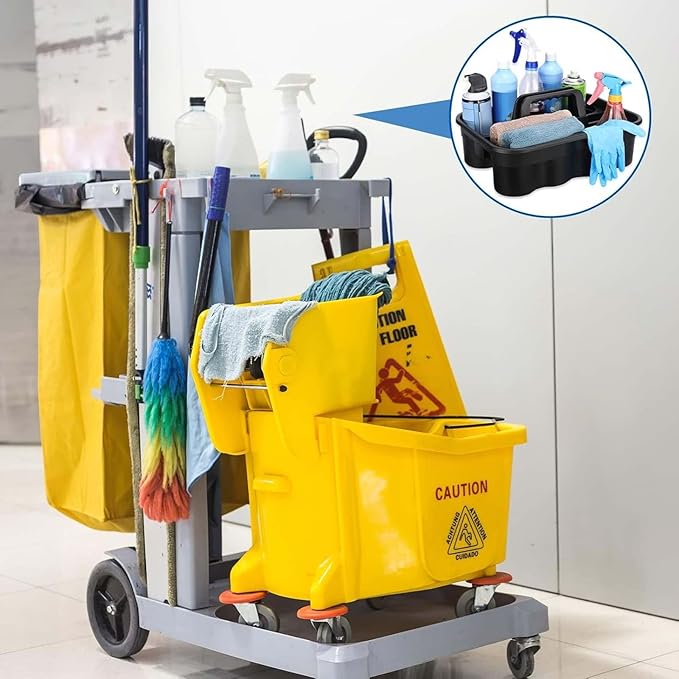 Wesiti 6 Pcs Cleaning Caddy with Handle Large Plastic Housekeeping Shower Basket Cleaning Supplies Organizer for Spray Bottles Brush Home Bathroom Office(Black)