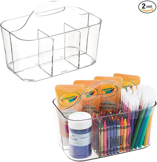 mDesign Plastic Portable Craft Storage Organizer Caddy Tote, Divided Basket Bin w/Handle - Craft, Sewing, Art Supplies - Holds Brushes, Colored Pencils - Lumiere Collection - Clear, 2 Pack
