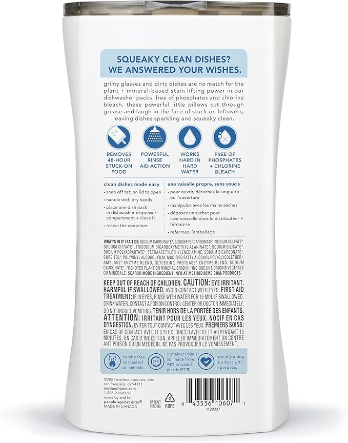 Method Dishwasher Detergent Packs, Fragrance Free + Clear, Dishwashing Rinse Aid to Lift Tough Grease and Stains, 54 Dishwasher Tabs per Package, (Pack of 2)